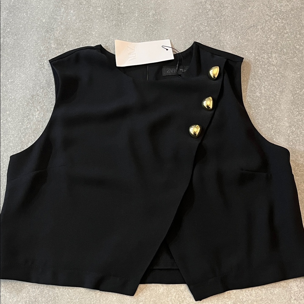 Zara Black Sleeveless Blouse with Gold Accents
